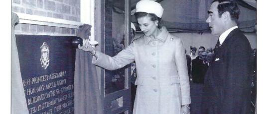 Black and white image of Princess Alexandra unveiling plaque of new almshouses in Sydenham